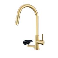 Смеситель для кухни с выдвижным изливом и мойкой стаканов Prohanss P45.49.03, сатин золотой