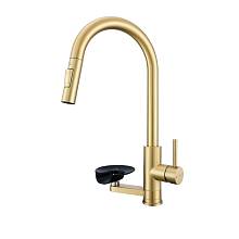 Смеситель для кухни с выдвижным изливом и мойкой стаканов Prohanss P45.49.03, сатин золотой