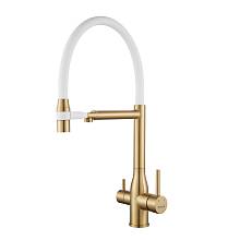 Смеситель для кухни с гибким изливом и подключением фильтра Shevanik S378G, золотой сатин/белый